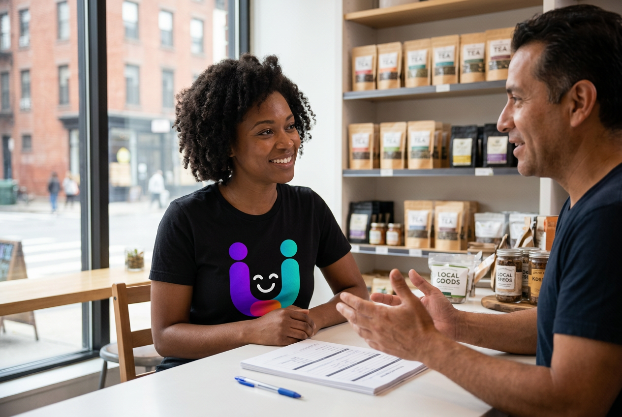 Black woman HOD provider wearing a black shirt with the Hoddie mascot centered on the front while onboarding a business owner