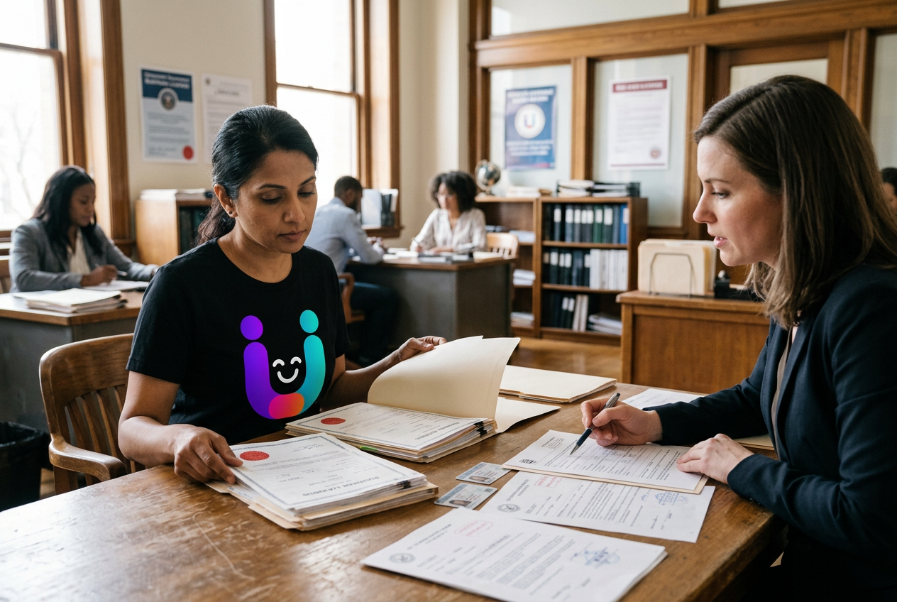 South Asian HOD provider wearing a black shirt with the Hoddie mascot centered on the front while reviewing records
