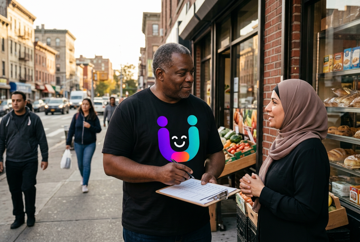Black HOD provider wearing a black shirt with the Hoddie mascot centered on the front while assisting a storefront owner