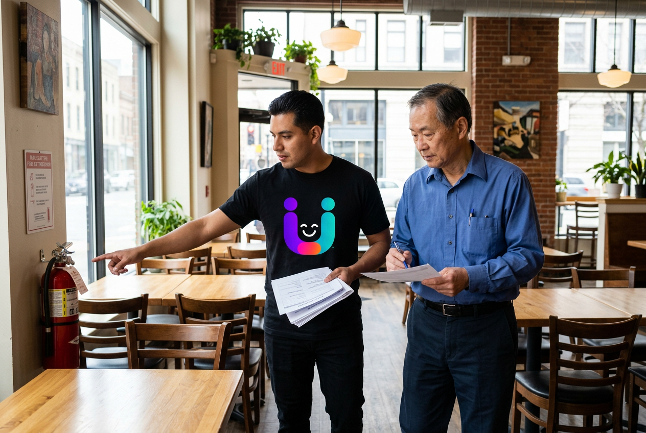 Latino HOD provider wearing a black shirt with the Hoddie mascot centered on the front during a restaurant walkthrough
